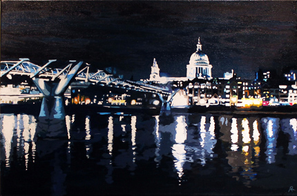 Annie Ralli, Original acrylic painting on canvas, Millenium Bridge and St. Paul's 