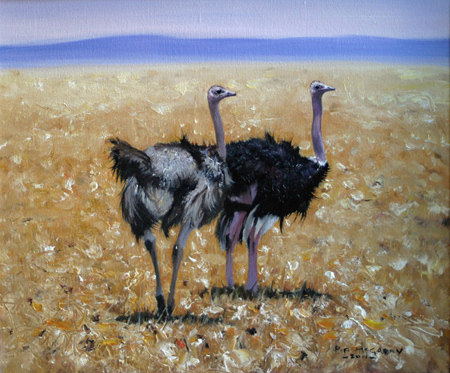 Pip McGarry, Original oil painting on canvas, Ostriches in the Mara