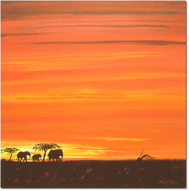 Keith Shaw, Original acrylic painting on board, Elephants at Dusk