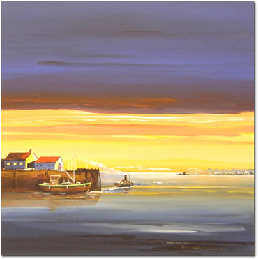 Keith Shaw, Original acrylic painting on board, Harbour at Sunset