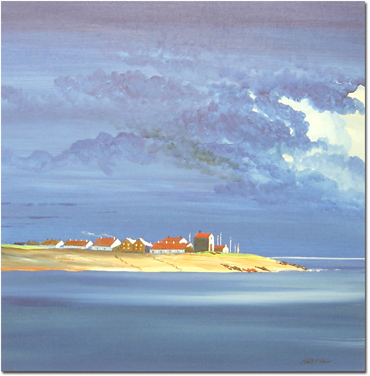 Keith Shaw, Original acrylic painting on board, Fisherman's Cottages by Moonlight