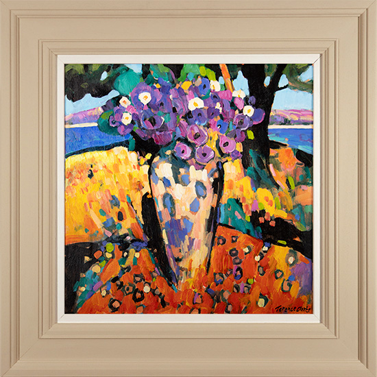 Terence Clarke, Original acrylic painting on canvas, Flowers in the Window, Chalki, Greece