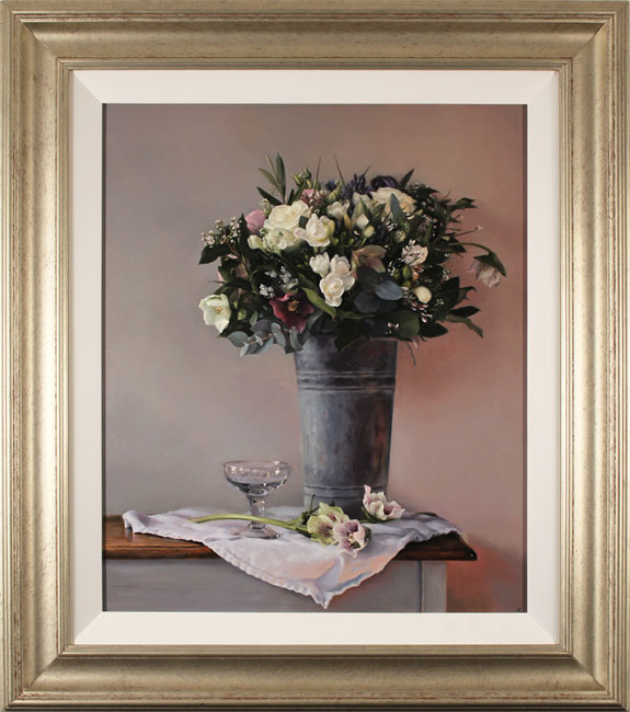 Caroline Richardson, Original oil painting on panel, Bouquet in Zinc Bucket
